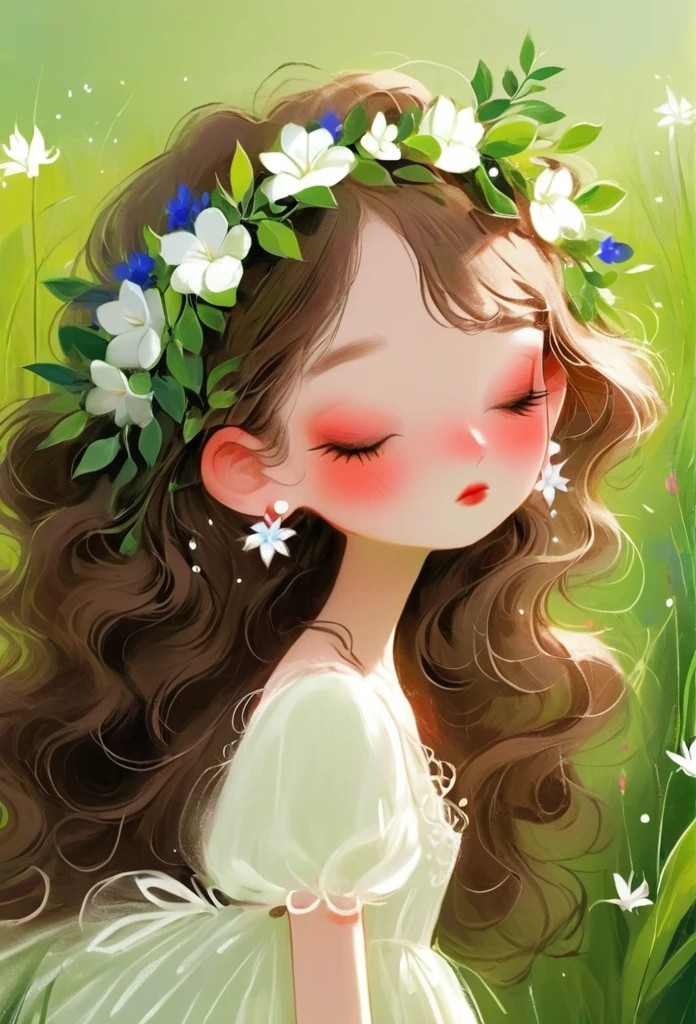 Rough texture,Hand-drawn style:1girl,closed eyes,dress,earrings,flower,grass,green background,head wreath,jewelry,leaf,long hair,plant,solo,white dress