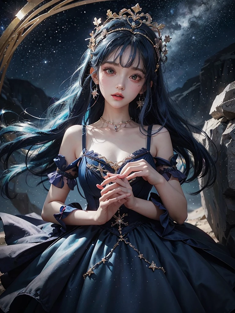 Ultra HD、A beautiful blue-haired character、Upper Body、幼児のようなBig eyes、Big eyes、Round eyes、crystalを持つ占い師、crystal、Red burning cheeks、Night scene with starry sky background、Wearing a gorgeous dress、Subtle details、A fantastic atmosphere、Anime style