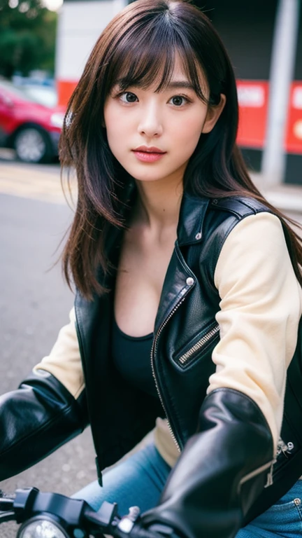 You are a professional photographer。masterpiece、8K、Highest quality, Soft Light, Ultra-high resolution, (Realistic:1.4), RAW Photos,24 years old Japanese girl, alone, cute, bangs、(pupil, Light in your eyes), Beautiful face in every detail, (Small box),(High resolution detail of human skin texture),Cleavage
、garage、Motorcycle repair shop、Biker、Wear a rider's jacket、Accurate background、(Get on a bike)、
、(Portraiture)