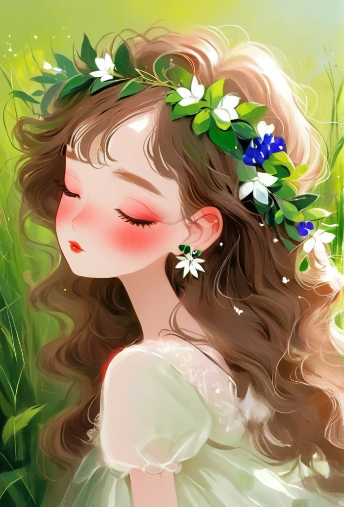 Rough texture，Hand-drawn style：1girl,closed eyes,dress,earrings,flower,grass,green background,head wreath,jewelry,leaf,long hair,plant,solo,white dress