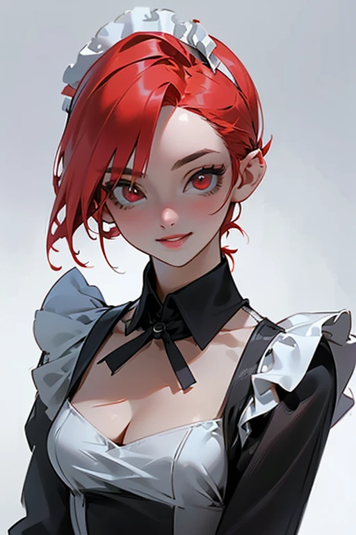 (masterpiece), ((best quality)), (super detailed), (beautiful eyes beautiful details eyes, Clean and delicate face, upper body), solo, (Red bob hair, red eyes:1.35), (maid costume, white maid headband. cleavage, transparent clothes), (Eyelid, Pupil, Sclera, Iris), smile, lips apart, simple background, looking at viewer