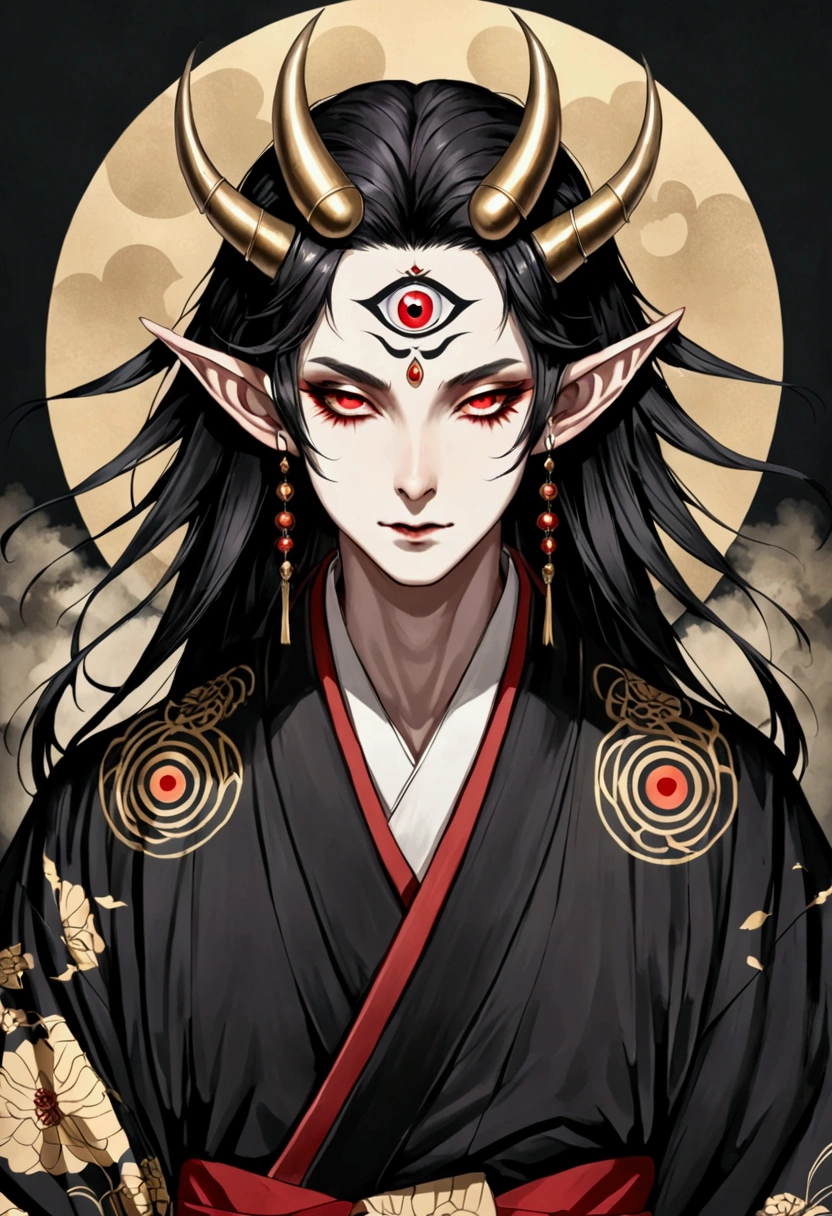 Dark illustration,(((1 Demon King,独奏,third eye on the forehead,Dark eyeshadow.Elf ears))),(((Japanese robe kimono:1.6))).whole body,black and gold,red