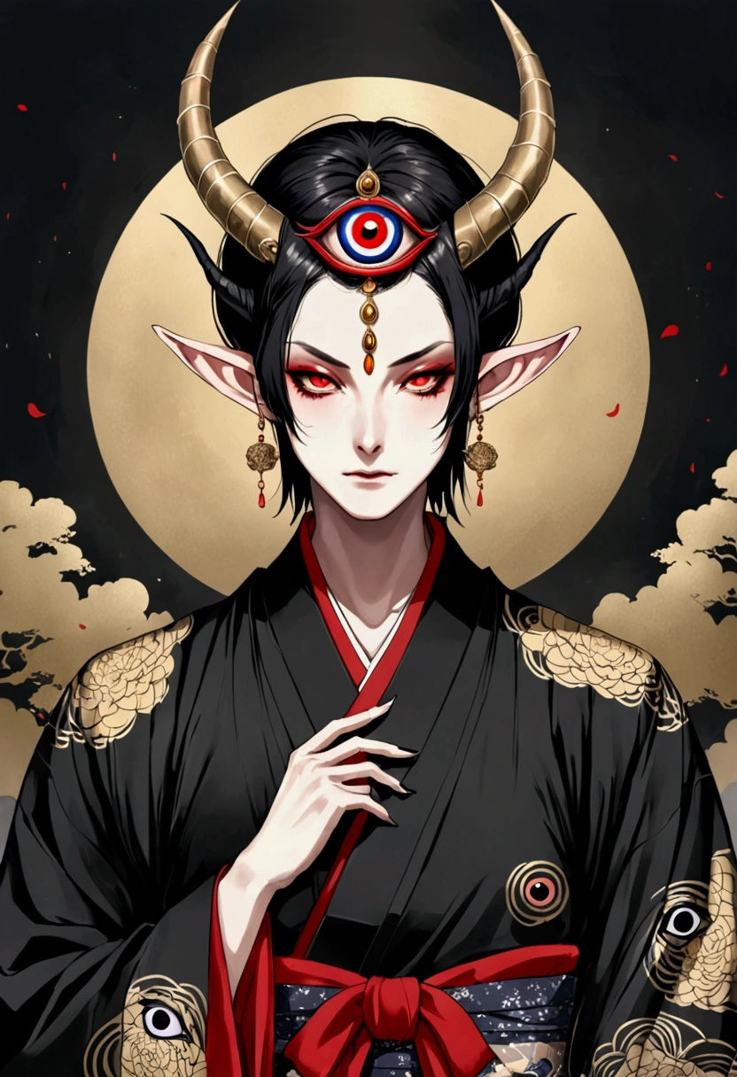 Dark illustration,(((1 Demon King,独奏,third eye on the forehead,Dark eyeshadow.Elf ears))),(((Japanese robe kimono:1.6))).whole body,black and gold,red