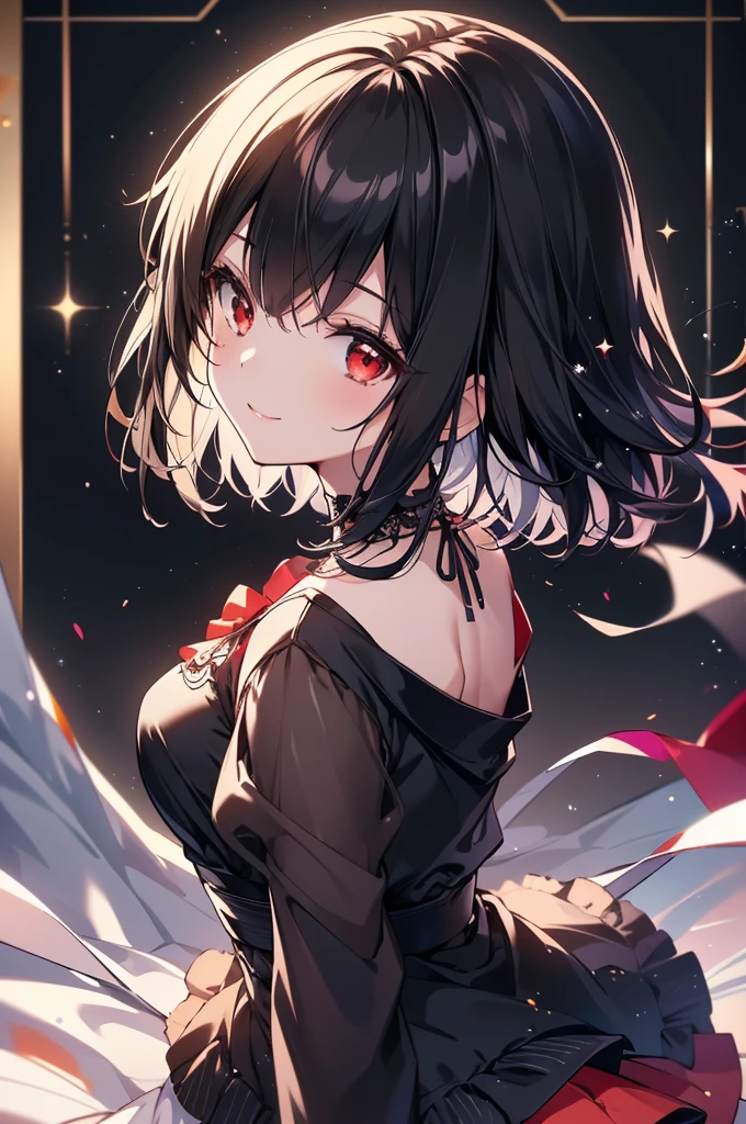 (masterpiece, highest quality, highest quality, (No text), Beautiful and aesthetic:1.2),No text,アニメ、BREAK,One Girl,Black Hair Girl short hair older sister choker Beautiful eyes Red eyes cool smile Red and Black one piece mini skirt whole body In town