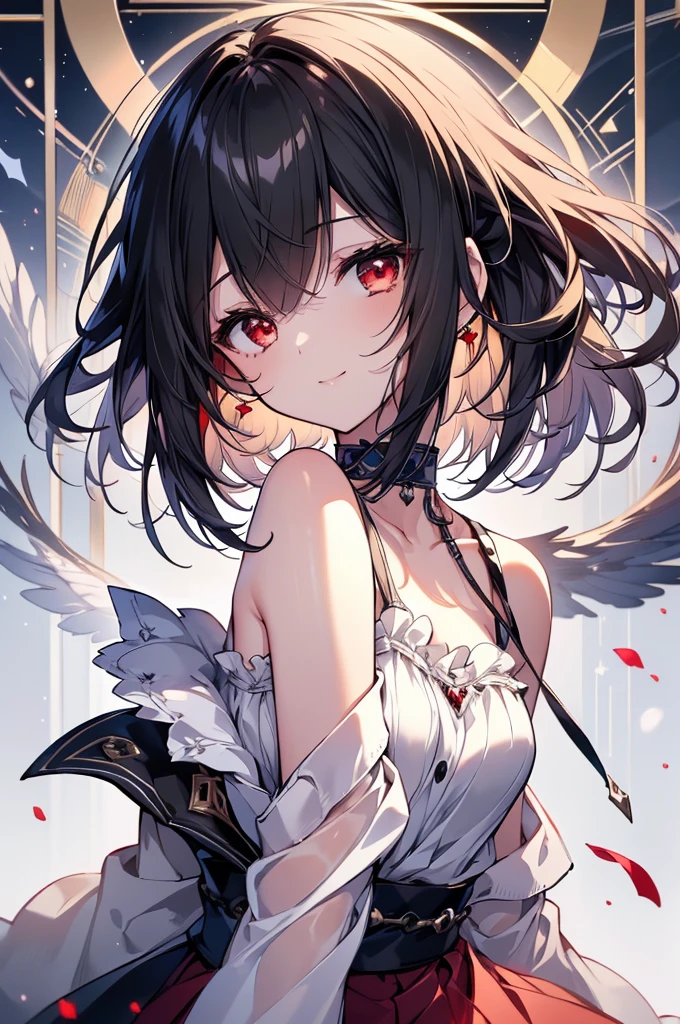 (masterpiece, highest quality, highest quality, (No text), Beautiful and aesthetic:1.2),No text,アニメ、BREAK,One Girl,Black Hair Girl short hair older sister choker Beautiful eyes Red eyes cool smile Red and Black one piece mini skirt whole body In town