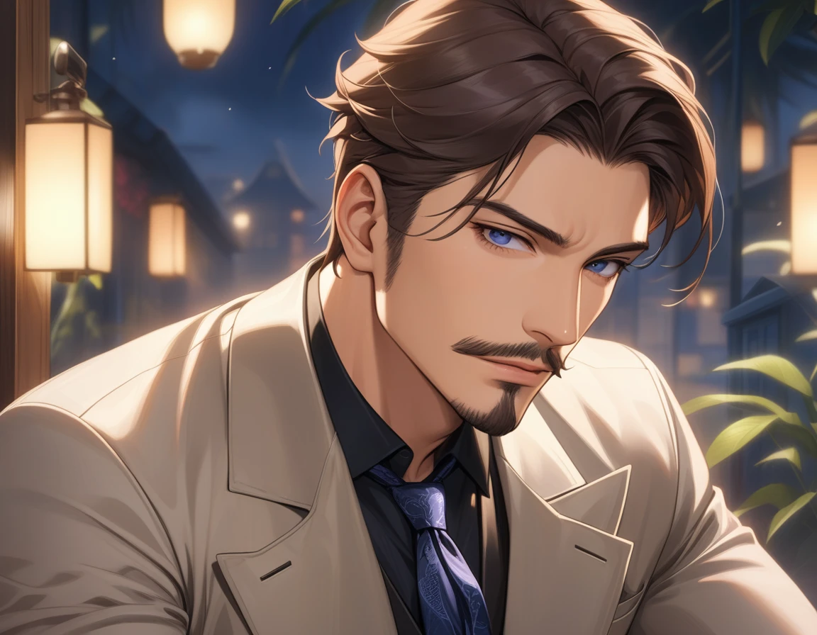 1man, mature male, parted bangs, medium-short hair, brown hair, muscular male celeb, short goatee, short mustache, indigo eyes, gentleman, elegant netori male, BREAK solo, white collared shirt, gray trench coat, black neck ribbon, in gentle sasaki style, visual novel, 2010s, extreme all detailed, masterpiece, best quality
