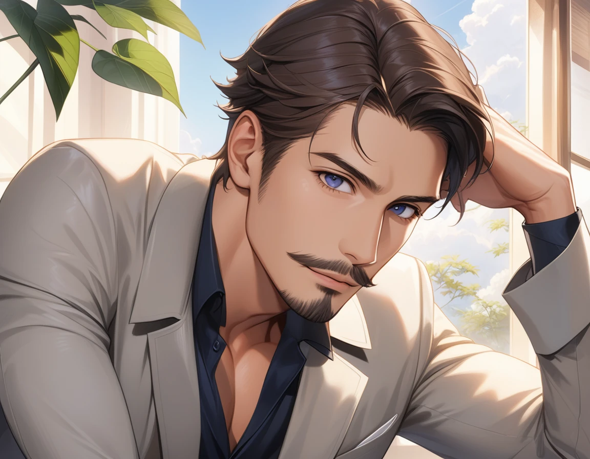 1man, mature male, parted bangs, medium-short hair, brown hair, muscular male celeb, short goatee, short mustache, indigo eyes, gentleman, elegant netori male, BREAK solo, white collared shirt, gray trench coat, black neck ribbon, in gentle sasaki style, visual novel, 2010s, extreme all detailed, masterpiece, best quality