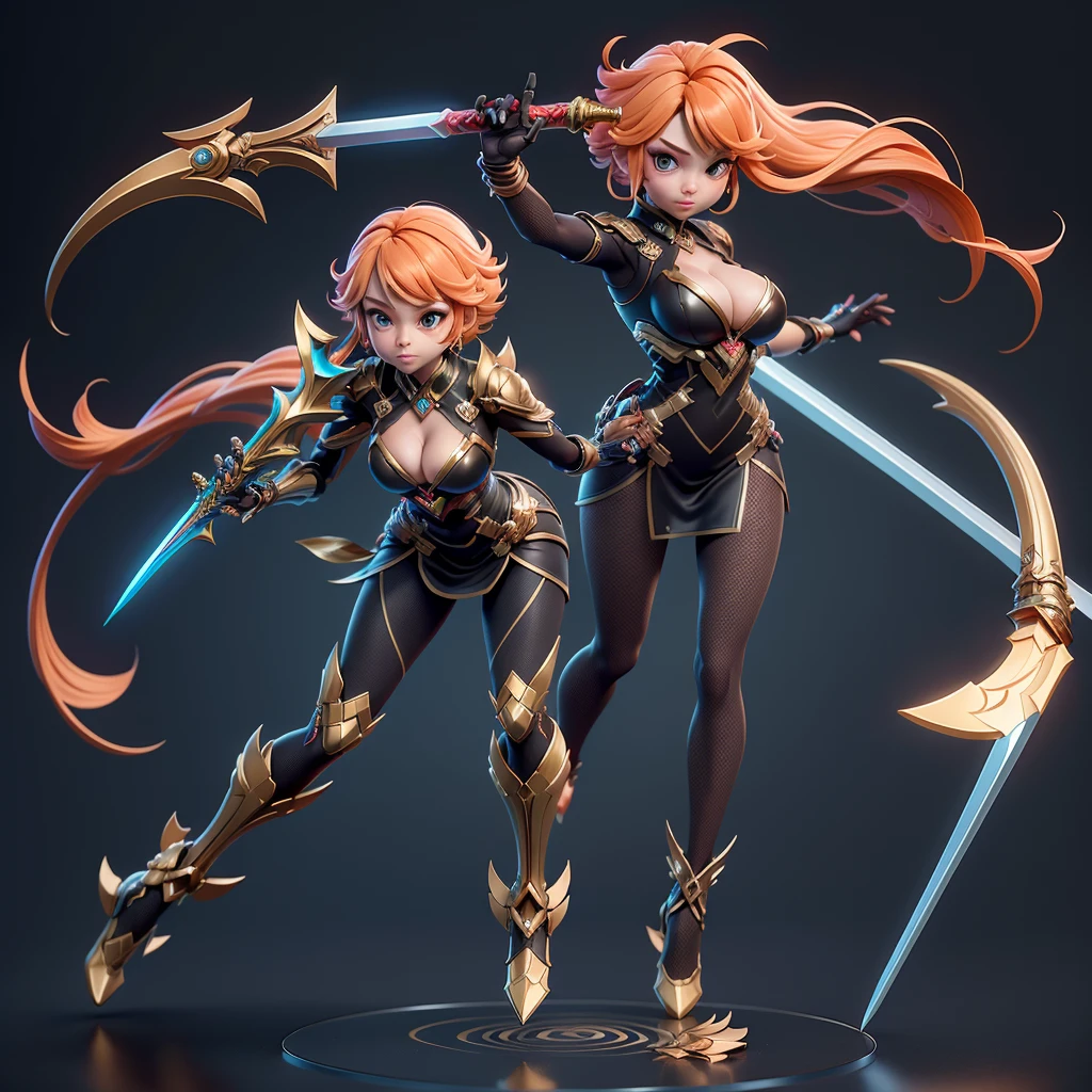 ((3D anime:1.2, Manga Bleach:1.1), best quality, detailed, high resolution, (Mascot:1.3, Rangiku Matsumoto:1.2) Rangiku Matsumoto - (A Shinigami and lieutenant of the 10th Soul Society squadron, known for her laid-back personality and her physical attributes). Light eyes, which shine in situations of intense combat, orange hair, large chests, defined musculature, pale skin, black kimono, warriors measuring more than 1.80 m, sword, design and intricate clothing, dynamic movements, Soul Society city background, (excellent lighting, detailed shadows, dynamic camera angle and pose)