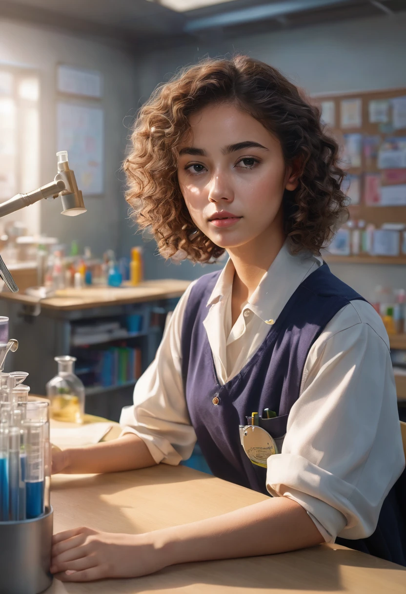 a young curly brown-haired student with light brown skin, in a science classroom, (best quality,4k,8k,highres,masterpiece:1.2),ultra-detailed,(realistic,photorealistic,photo-realistic:1.37),highly detailed face, intricate details, science equipment, laboratory desk, beakers, test tubes, microscope, chalkboard, focused expression, , warm lighting, soft shadows
