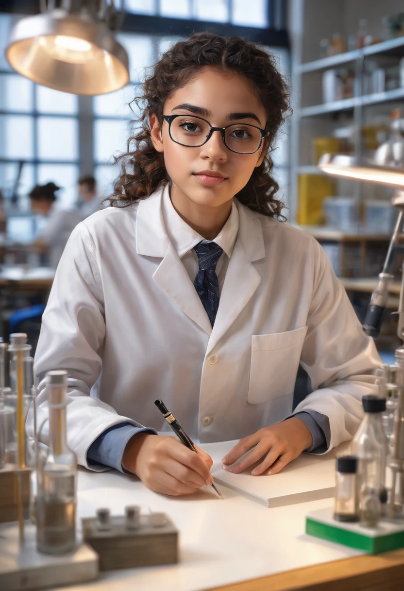 a young curly brown-haired student with light brown skin, in a science classroom, (best quality,4k,8k,highres,masterpiece:1.2),ultra-detailed,(realistic,photorealistic,photo-realistic:1.37),highly detailed face, intricate details, science equipment, laboratory desk, beakers, test tubes, microscope, chalkboard, focused expression, , warm lighting, soft shadows