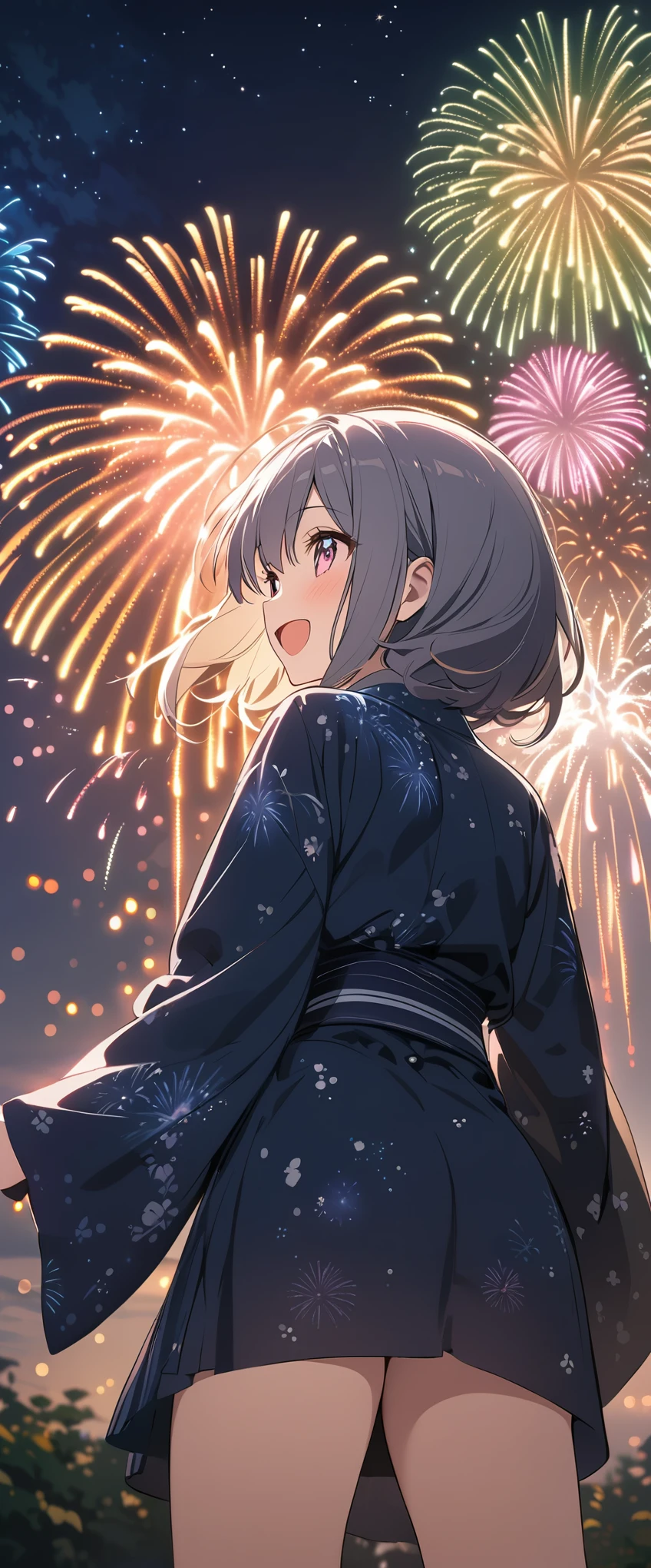 (masterpiece:1.2),(Highest quality),(Very detailed),(High resolution),8k,wallpaper,(1 female:1.5),Anime illustration,Chibi Character,cute,Girl in yukata,Look up at the sky and watch the fireworks,Back view,break((Fireworks fill the night sky,beautiful Fireworks,Colorful fireworks)),(Beautiful night sky),(Happy expression:1.5),((From below)),(dynamic:1.2),Raise your arms,(Fine hand)