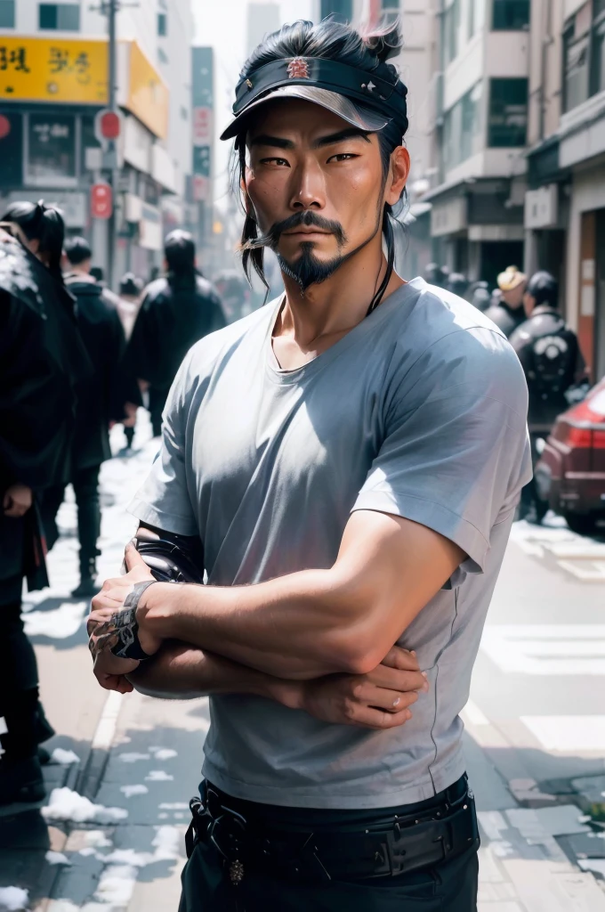 Close up portrait of a man with beard and leather jacket, Samurai Portrait, What is Kim Jong??, samurai portrait warrior, miyamoto musashi, korean artist, samurai portrait, Frontal portrait of a samurai, katsuhiro tomo, Cyberpunk Samurai Portrait, Samurai Portrait photo, Inspired by Kano Naizen, Genie - Spirit