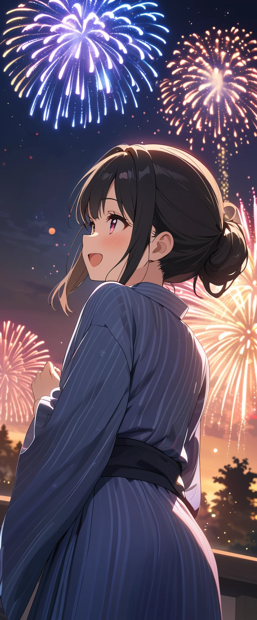 (masterpiece:1.2),(Highest quality),(Very detailed),(High resolution),8k,wallpaper,(1 female:1.5),Anime illustration,Chibi Character,cute,Girl in yukata,Look up at the sky and watch the fireworks,Back view,break((Fireworks fill the night sky,beautiful Fireworks,Colorful fireworks)),(Beautiful night sky),(Happy expression:1.5),((From below)),(dynamic:1.2),Raise your arms,(Fine hand)