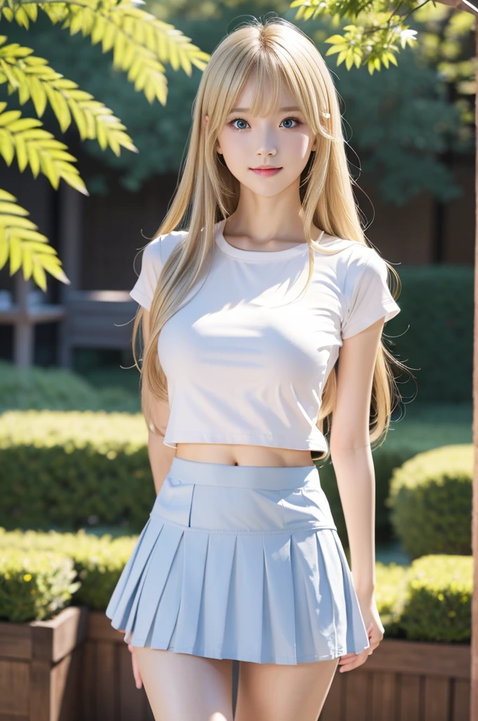 (Anatomically correct perfect body:1.3),(One Woman), Professional Writing、Detailed workmanship、(High resolution:1.2)、Photo engraving、8k, High resolution、(RAW Photos, Realistic:1.2)、Highest quality, masterpiece,Blonde Hair、Sexy and beautiful、Very cute face、Very long and beautiful straight hair、光沢のあるまばゆいばかりの明るいBlonde Hair、Blonde color that changes depending on the light source、Perfect beauty、Sexy cute beautiful 15 years old、Very beautiful pale blue eyes、Very big eyes、clear, Beautiful and cute, Shiny white skin、Long bangs hide a very cute face.、Beautiful girl with transparent blonde silky hair、Gloss Face、Cheek gloss、Unusual appearance、Slim body、Medium sized breasts、Narrow waist、Large pelvis、Thin thighs、Shooting from knee to overhead、(mini skirt:1.5)、