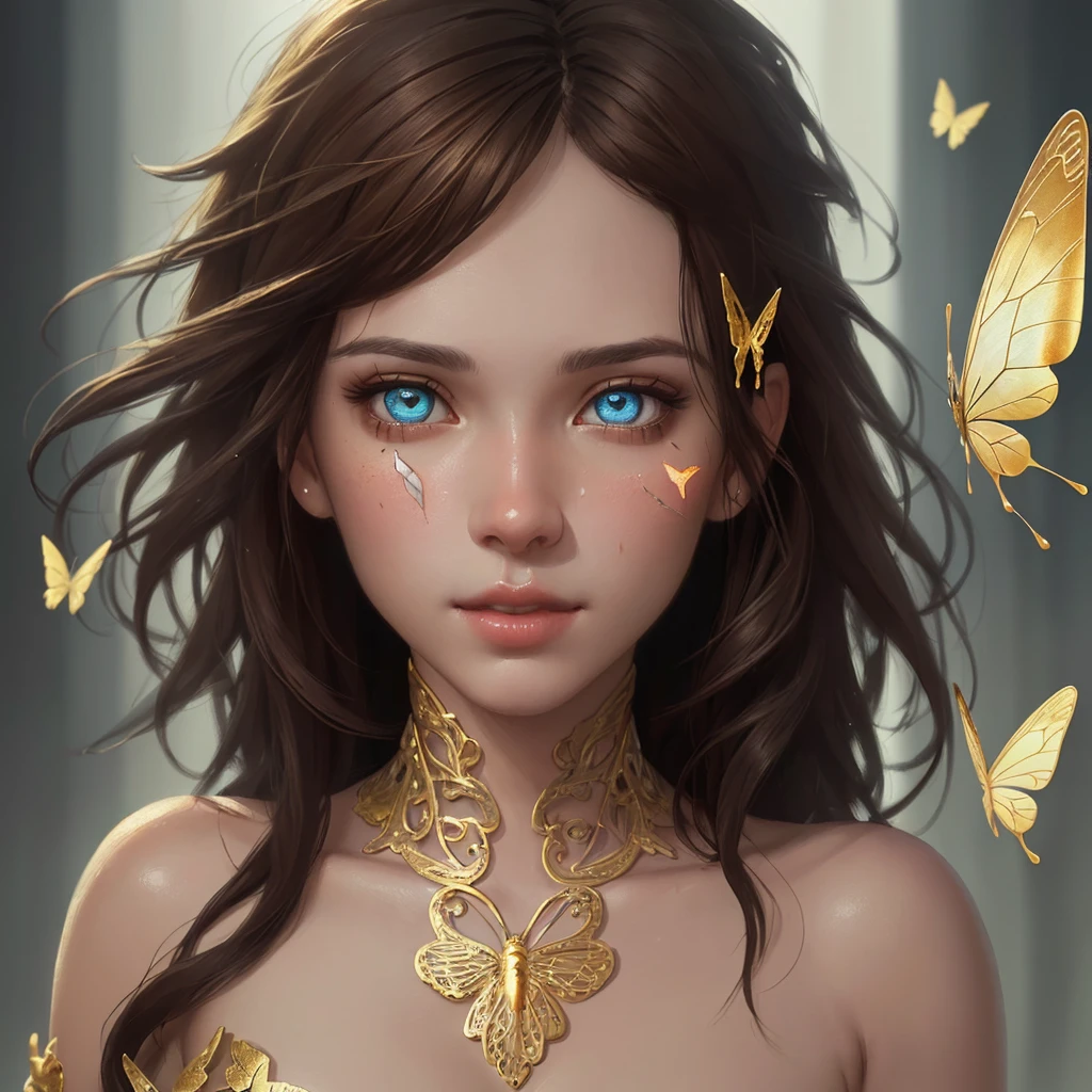 (Perfect face) 8k portrait of beautiful cyborg with brown hair, intricate, elegant, highly detailed, majestic, digital photography, art by artgerm and ruan jia and greg rutkowski surreal painting gold butterfly filigree, broken glass, (masterpiece, sidelighting, finely detailed beautiful eyes: 1.2), hdr, 