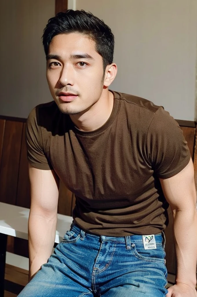 (((realistic daylight)) , Young Korean man in a simple brown t-shirt only, no pattern, and jeans., A handsome, muscular young Asian man looks at the camera. , in the restaurant ,turn sideways