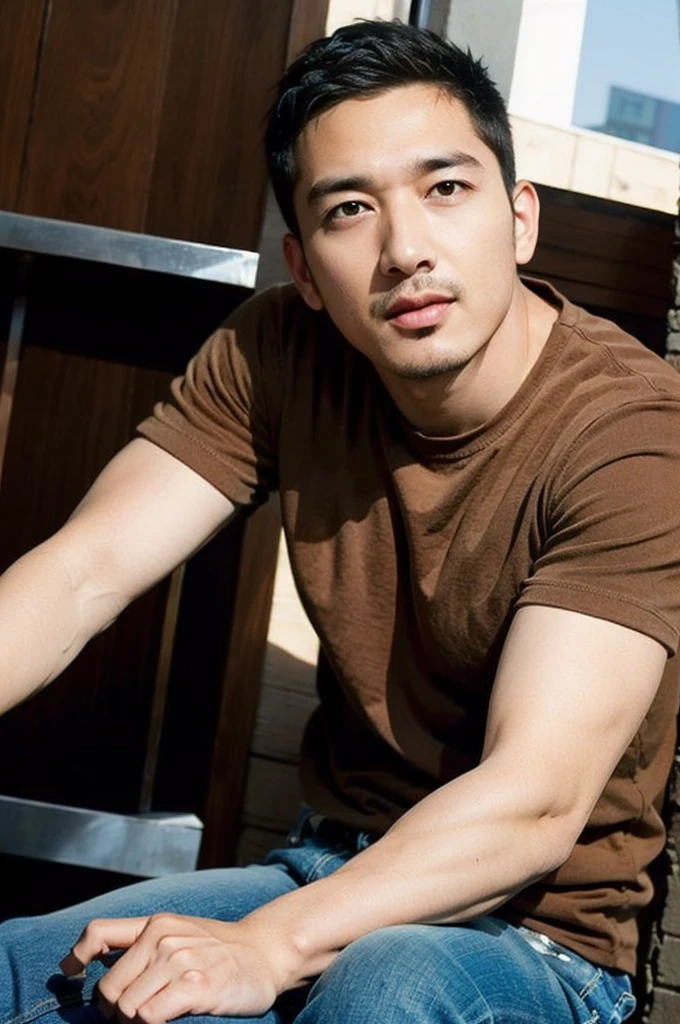 (((realistic daylight)) , Young Korean man in a simple brown t-shirt only, no pattern, and jeans., A handsome, muscular young Asian man looks at the camera.  , in the restaurant ,turn sideways