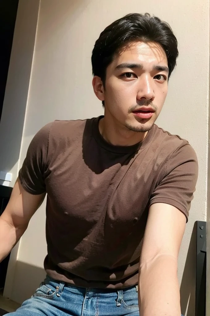 (((realistic daylight)) , Young Korean man in a simple brown t-shirt only, no pattern, and jeans., A handsome, muscular young Asian man looks at the camera.  , in the restaurant ,turn sideways