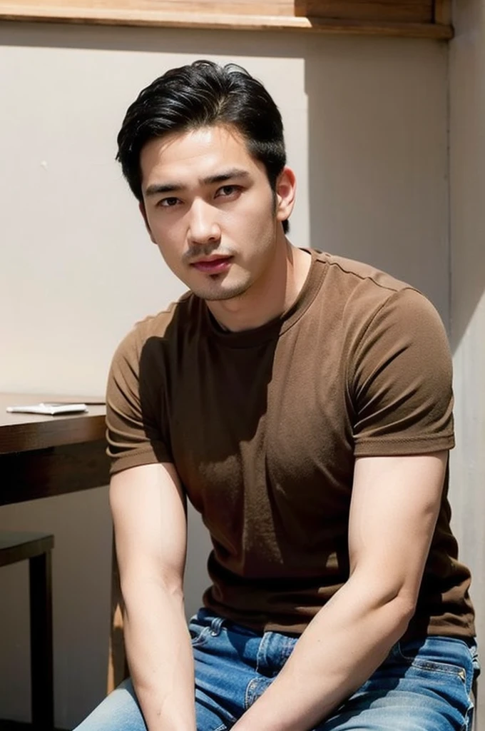 (((realistic daylight)) , Young Korean man in a simple brown t-shirt only, no pattern, and jeans., A handsome, muscular young Asian man looks at the camera.  , in the restaurant ,turn sideways