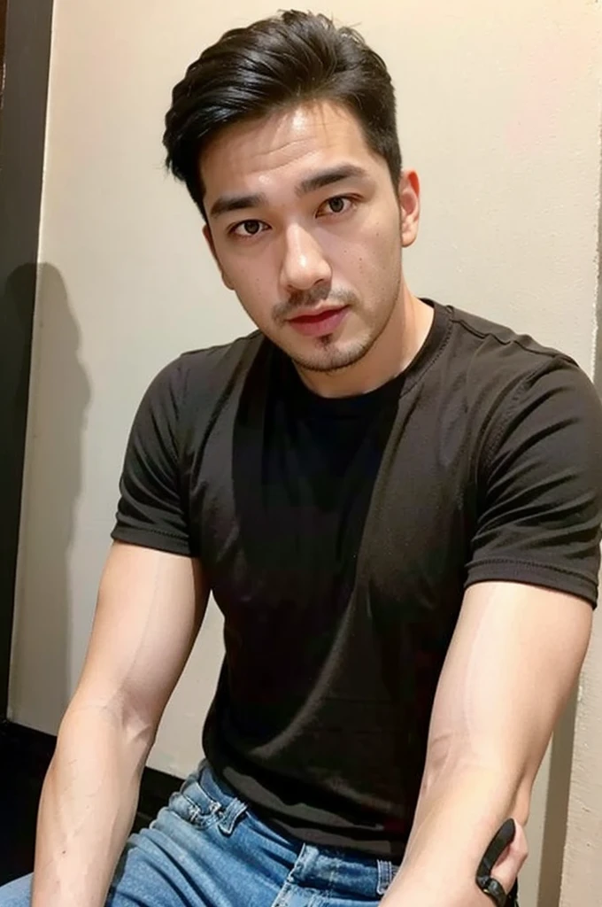 (((realistic daylight)) , Young Korean man in a simple brown t-shirt only, no pattern, and jeans., A handsome, muscular young Asian man looks at the camera.  , in the restaurant ,turn sideways