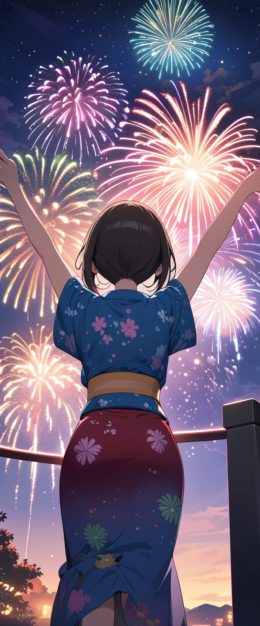 (masterpiece:1.2),(Highest quality),(Very detailed),(High resolution),8k,wallpaper,(1 female:1.5),Anime illustration,Chibi Character,cute,Girl in yukata,Look up at the sky and watch the fireworks,Back view,break((Fireworks fill the night sky,beautiful Fireworks,Colorful fireworks)),(Beautiful night sky),(Happy expression:1.5),((From below)),(dynamic:1.3),Raise your arms,(Fine hand)