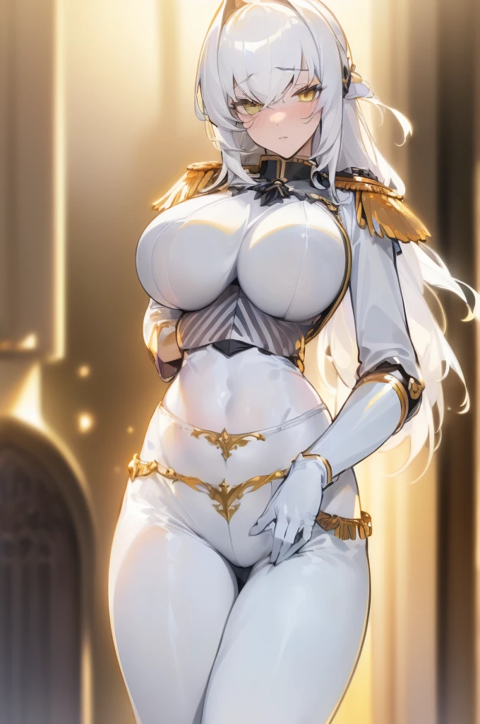 {masterpiece, distinct_image, extremely detailed CG, (extremely detailed fine touch:1.2),beautiful eyes and detailed face, (white_light, light rays, dappled light, ray tracing:1.2), photo realistic, 4k, 8k, high_resolution, (perfect_finger:1.5), (beautiful_detailed_eyes:1.3), glitter, white_light, (glow_white_face, front_light:1.3),{1girl, face_focus, looking for_in_viewer, cowboy_shot, standing},{adult,curvy, (huge_breasts, wide_hip:1.3),thigh_gap, groin, narrow waist, skinny stomach,(knight uniform for women, white gloves, golden epaulettes, Image of knight's uniform: White breast section contrasting with black belly section:1.7),(white hair, long hair, yellow eyes, bangs:1.3)}