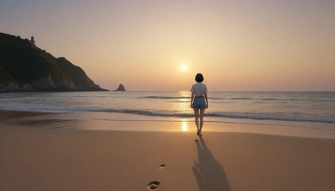 8k realistic, lifelike photo, realistic, long deserted beach, 36 year old Korean woman, Short in stature, front view, tower, shorts, short medium hair, Woman walking along the beach at sunset. Full body shot from afar with a wide angle lens , burning sunset light, 1 woman, Short in stature, looking at the camera