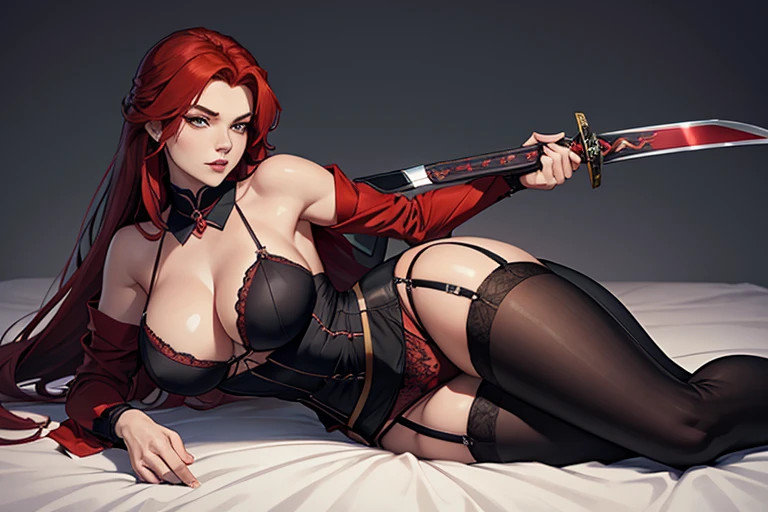 A villain with a ladylike, arrogant air.。Red hair、Her chest is large because of the open-chested outfit.、There is a slit in the waist part.、Her legs are plump and she is wearing a black skirt and a garter belt.。In his right hand he holds a sword as a weapon.。I would like to be drawn lying down so that my whole body is included.。I can see your pants。