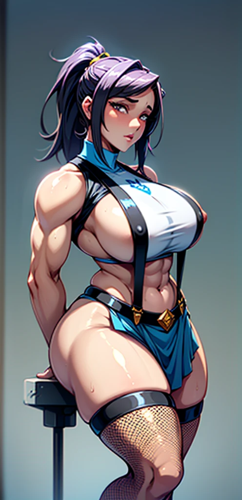 an old Cheerleader，mature woman 
wearing pantyhose and Stockings with suspenders, belt, and fishnet stockings.Golden long hair; eyes are clear sapphire blue; a ponytail; healthy bronze skin; a well-proportioned and smooth figure; muscles are firm yet not lacking in feminine softness; the leg lines are tight and powerful, with a flat and firm abdomen; the top is bright yellow, with a fitted cut that reveals the abdomen, embroidered with the team's emblem on the chest, and her name "Skye" is embroidered in large letters on the back, highlighting her personal identity. The bottom is a black skirt with a gold trim on the hem, which swings lightly with the movement, showing feminine elegance without hindering the execution of any difficult movements. She wears white wrist guards and knee pads, which are not only decorative but also important equipment for protecting the body during training and competition. Her professional cheerleading shoes, which match the uniform in color, provide good support and grip, ensuring that every jump and landing is safe and stable.thick thighs，fleshy thighs，revealing her thighs，big natural breasts，huge round breasts，busty girl，supermodel figure，perfect body