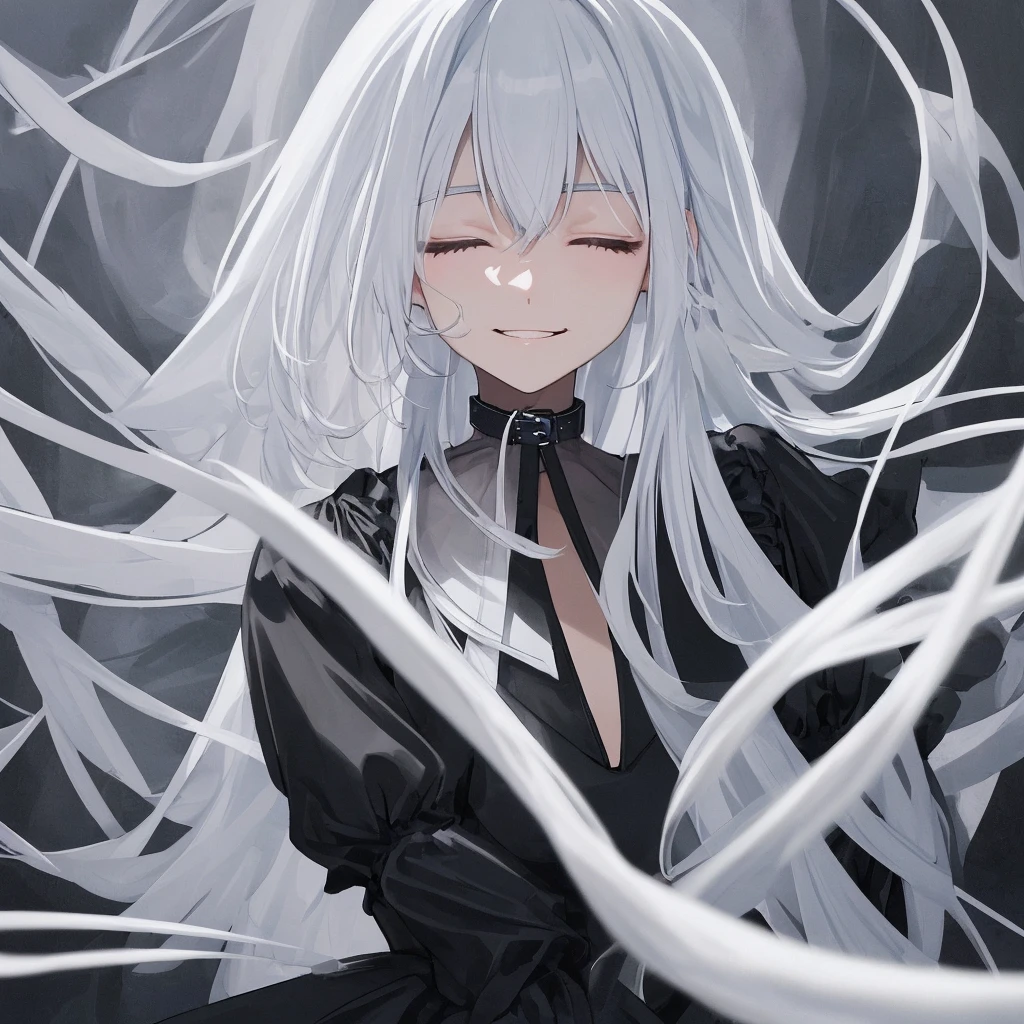 woman. straight face. Close your eyes.. I close my right eye.. bluish white hair. Long hair in the back. smile. black dress with collar.
