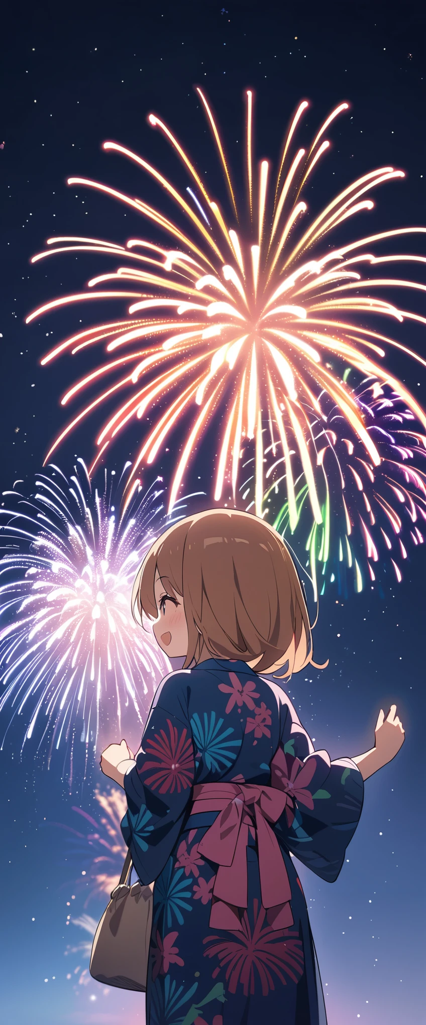 (masterpiece:1.2),(Highest quality),(Very detailed),(High resolution),8k,wallpaper,(1 female:1.5),Anime illustration,Chibi Character,cute,Girl in yukata,Look up at the sky and watch the fireworks,Back view,break((Fireworks fill the night sky,beautiful Fireworks,Colorful fireworks)),(Beautiful night sky),(Happy expression:1.5),((From below)),(dynamic:1.3),Raise your arms,(Fine hand)