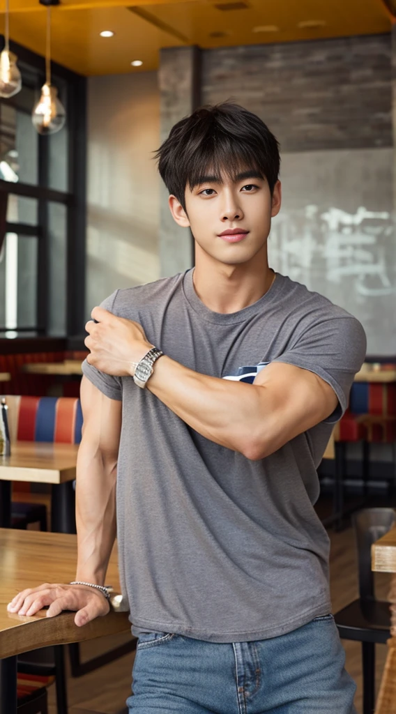 ((realistic daylight)) , Young Korean man in a gray t-shirt Denim shirt, jeans, A handsome, muscular young Asian man looks at the camera. , in the restaurant ,turn sideways