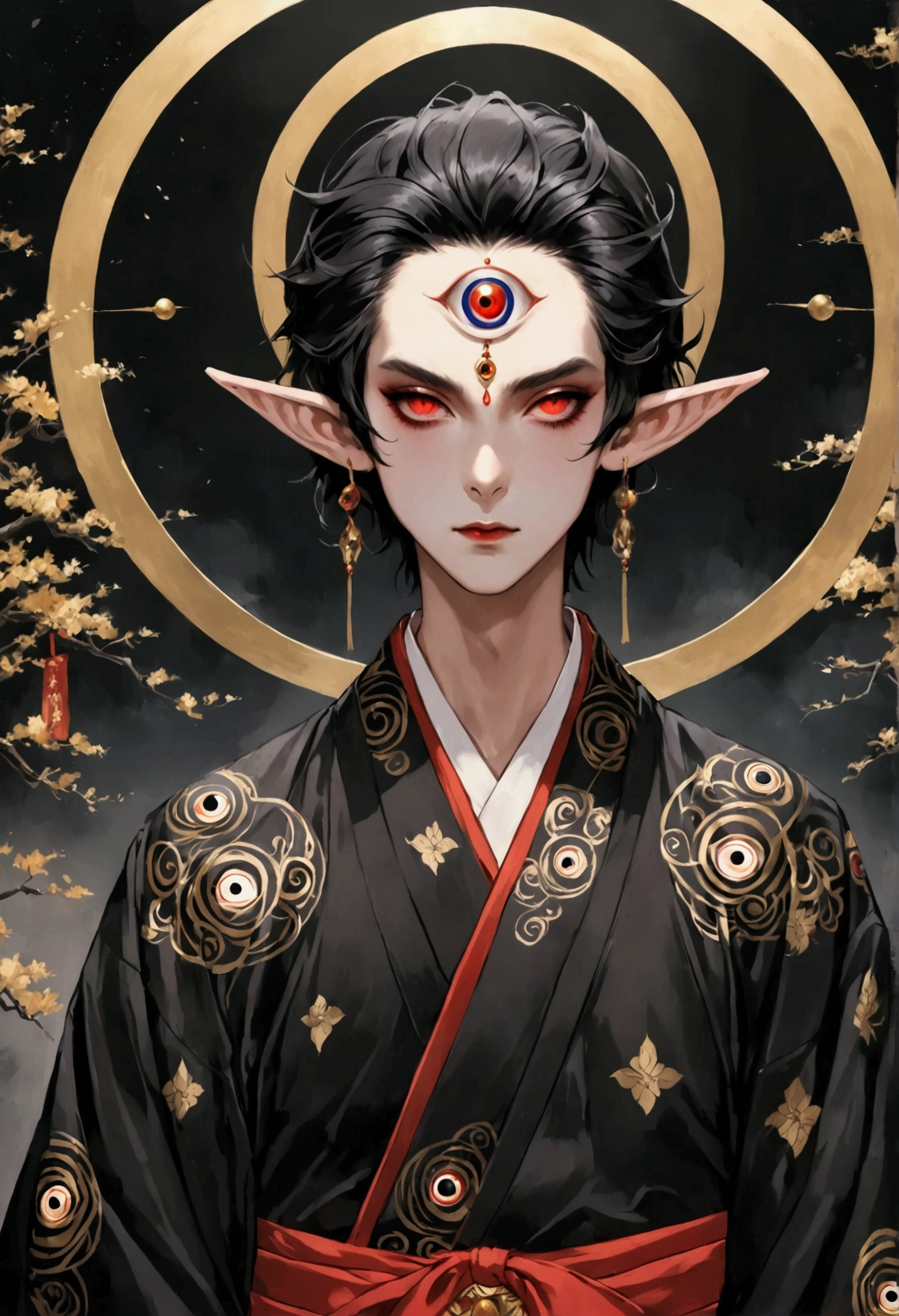 Dark illustration,(((1 Prince,独奏,third eye on the forehead,Dark eyeshadow.Elf ears))),(((Japanese robe kimono:1.6))).solemn,majesty,momentum,whole body,black and gold,red