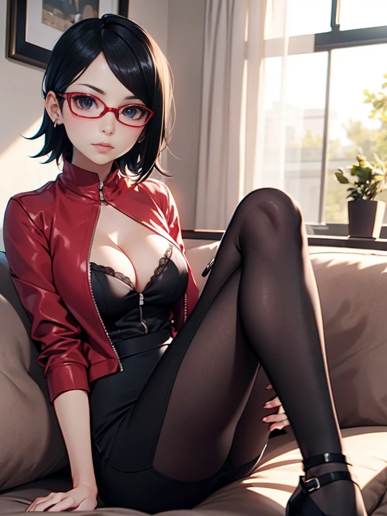 Sarada Uchiha with short hair, black eyes, goth clothes, wearing prescription glasses. She is wearing a black goth  pencil skirt, ((cleavage showing goth clothes)) , she is in a livingroom. Siting on couch with legs open showing pussy, pussy Expose.