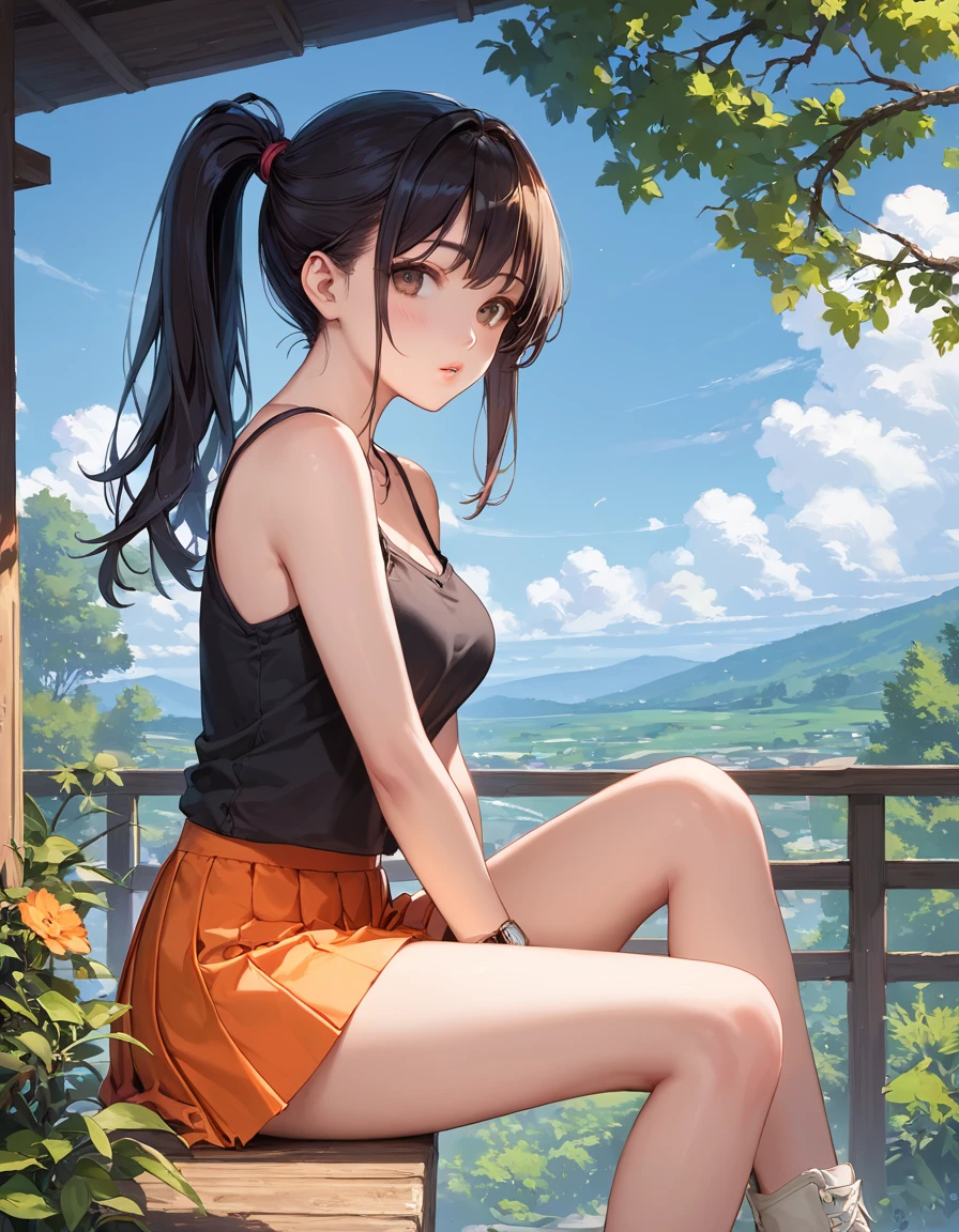 4K,cute、Japanese women、Age 25、camisole、valley、Baby Face、Big eyes、Marugao、Beautiful night view、Night Sky、Moonlit Night、On top of the mountain、Sit on the grass、Holding the legs、