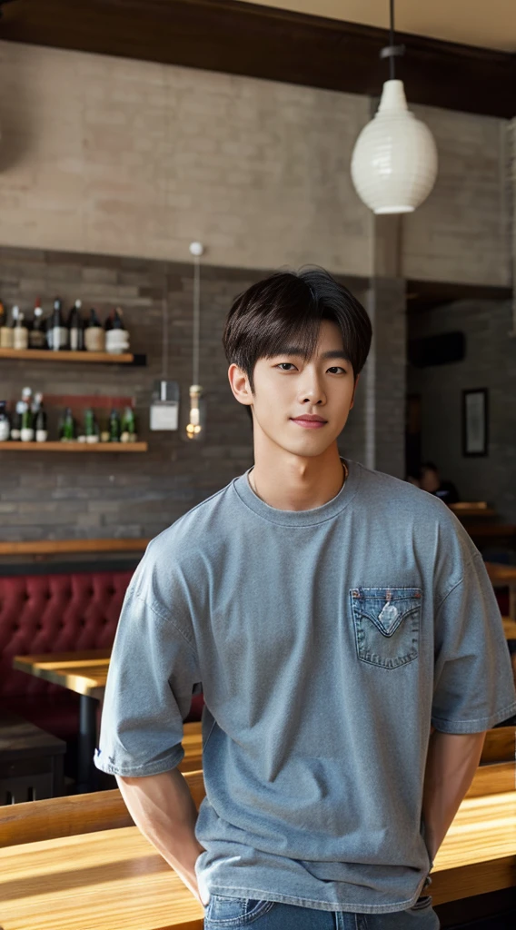 ((realistic daylight)) , Young Korean man in a gray t-shirt Denim shirt, jeans, A handsome, muscular young Asian man looks at the camera. , in the restaurant ,turn sideways