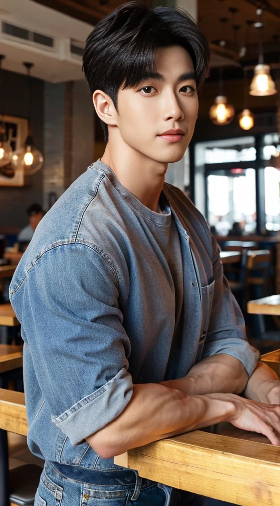 ((realistic daylight)) , Young Korean man in a gray t-shirt Denim shirt, jeans, A handsome, muscular young Asian man looks at the camera. , in the restaurant ,turn sideways