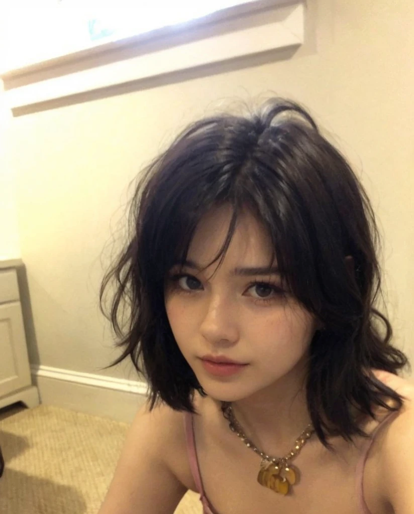 Arafed woman with a collar and necklace sitting in a room., el corte de hime, con pelo corto, con flequillo, she has black hair con flequillo, flequillo de cortina, con pelo corto con flequillo, peinado de corte hime blanco, flequillo esponjoso, joey rey, primera ola, con cara linda - fina, cabello con flequillo blanco, su cabello es natural despeinado