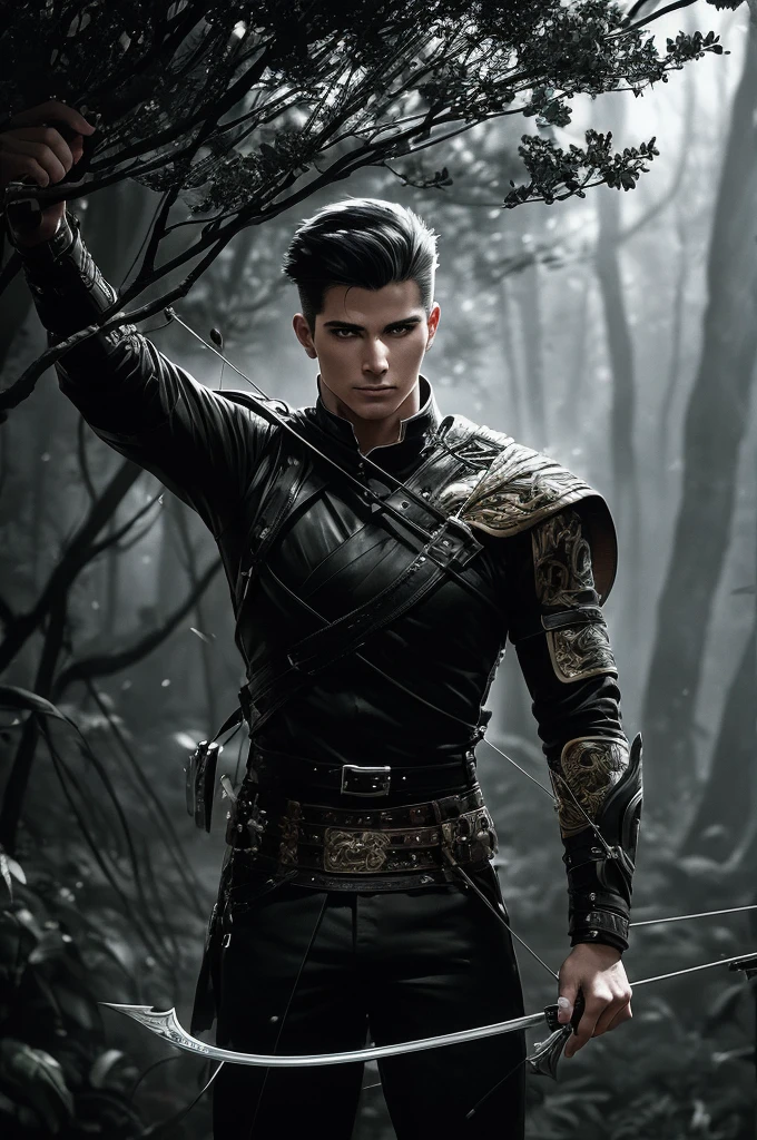 a male archer, 24 years old, with black and white hair,striking pose in a dark forest, magic the gathering, highly detailed, photorealistic, cinematic lighting, dramatic shadows, hyper detailed, intricate details, sharp focus, vibrant colors, moody atmosphere, epic fantasy, concept art style