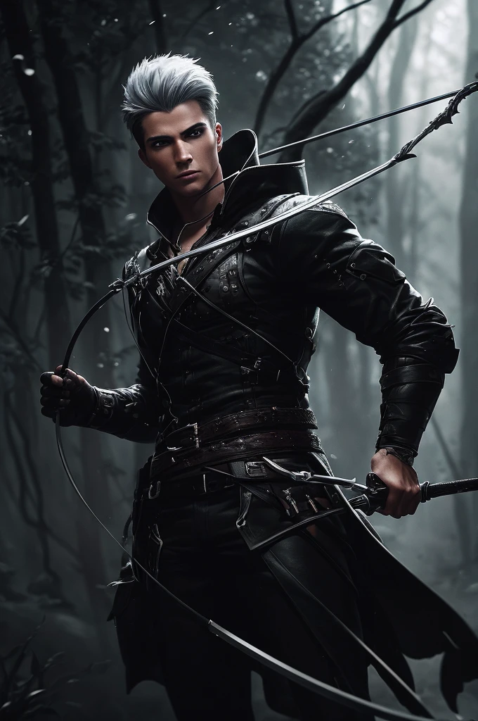 a male archer, 24 years old, with black and white hair,striking pose in a dark forest, magic the gathering, highly detailed, photorealistic, cinematic lighting, dramatic shadows, hyper detailed, intricate details, sharp focus, vibrant colors, moody atmosphere, epic fantasy, concept art style