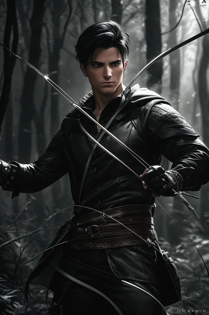 a male archer, 24 years old, with black and white hair,striking pose in a dark forest, magic the gathering, highly detailed, photorealistic, cinematic lighting, dramatic shadows, hyper detailed, intricate details, sharp focus, vibrant colors, moody atmosphere, epic fantasy, concept art style