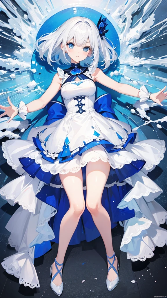 White and blue lace short dress，Cool white-haired girl on the coast（（Full body pictures）），Perfectly proportioned body，slim，Lively, Cheerful and happy，Ultra-clear