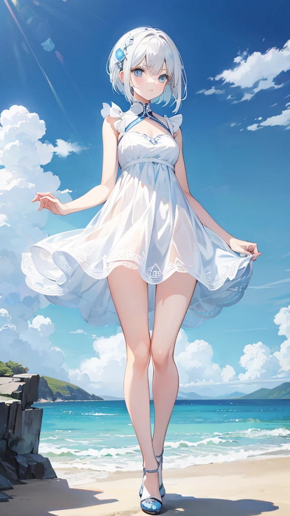 White and blue lace short dress,Cool white-haired girl on the coast((Full body pictures)),Perfectly proportioned body,slim,Lively, Cheerful and happy,Ultra-clear