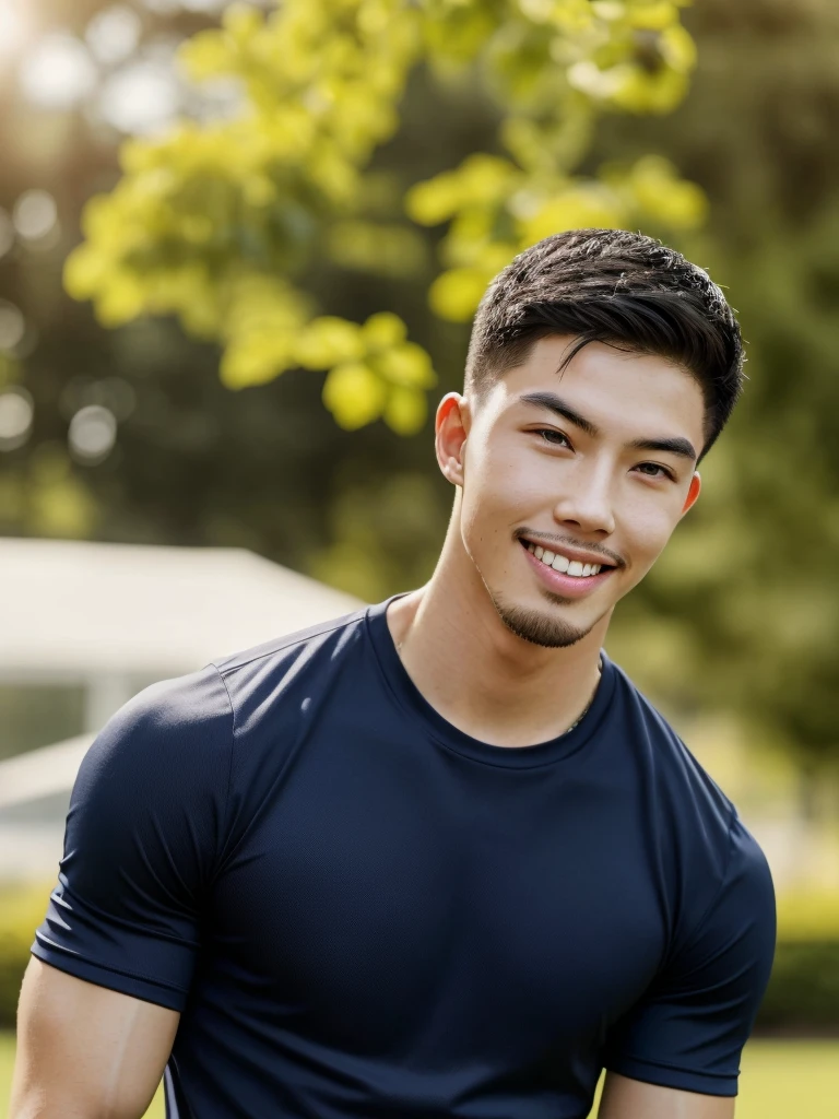 Tony Labrusca, (As a matter of fact, Masterpiece, 8k HD, good light quality, sportswear, fit the face, complicated details), A handsome, muscular young Korean man. , 20 years old, be happy, smile brightly, detailed face, delicate eyes, มองดูsky, Wear a navy tight T-shirt., period, black eyes, Black hair color, ผมsmooth, smooth, outdoor sports, Along the garden, Sunny,sky,Surreal,Superb details,Highest quality,real,