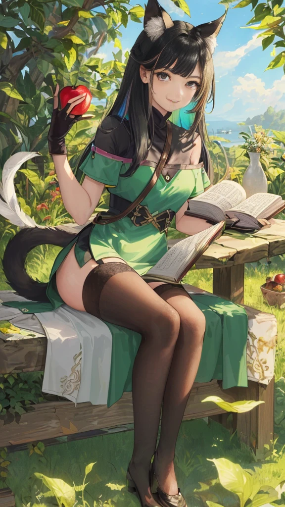 (NSFW), Masterpiece, Highest Quality, One Girl, Sitting, Anthropomorphic Animal, Animal Ears (sharp and pointed, reminiscent of a bird), Black Hair, Book, Bookmark (made of feathers), Branch (with vibrant, multicolored leaves), Partially Fingerless Gloves (made of soft leather), Grass (with a hint of green in her hair), Holding Book Open (with a smile on her face), Food (a juicy apple tucked between her teeth, partially hidden by the book), Leaf (as a bookmark), Viewing Her Viewers (with her tail curled around her, swishing gently), Sun (warm and bright, casting