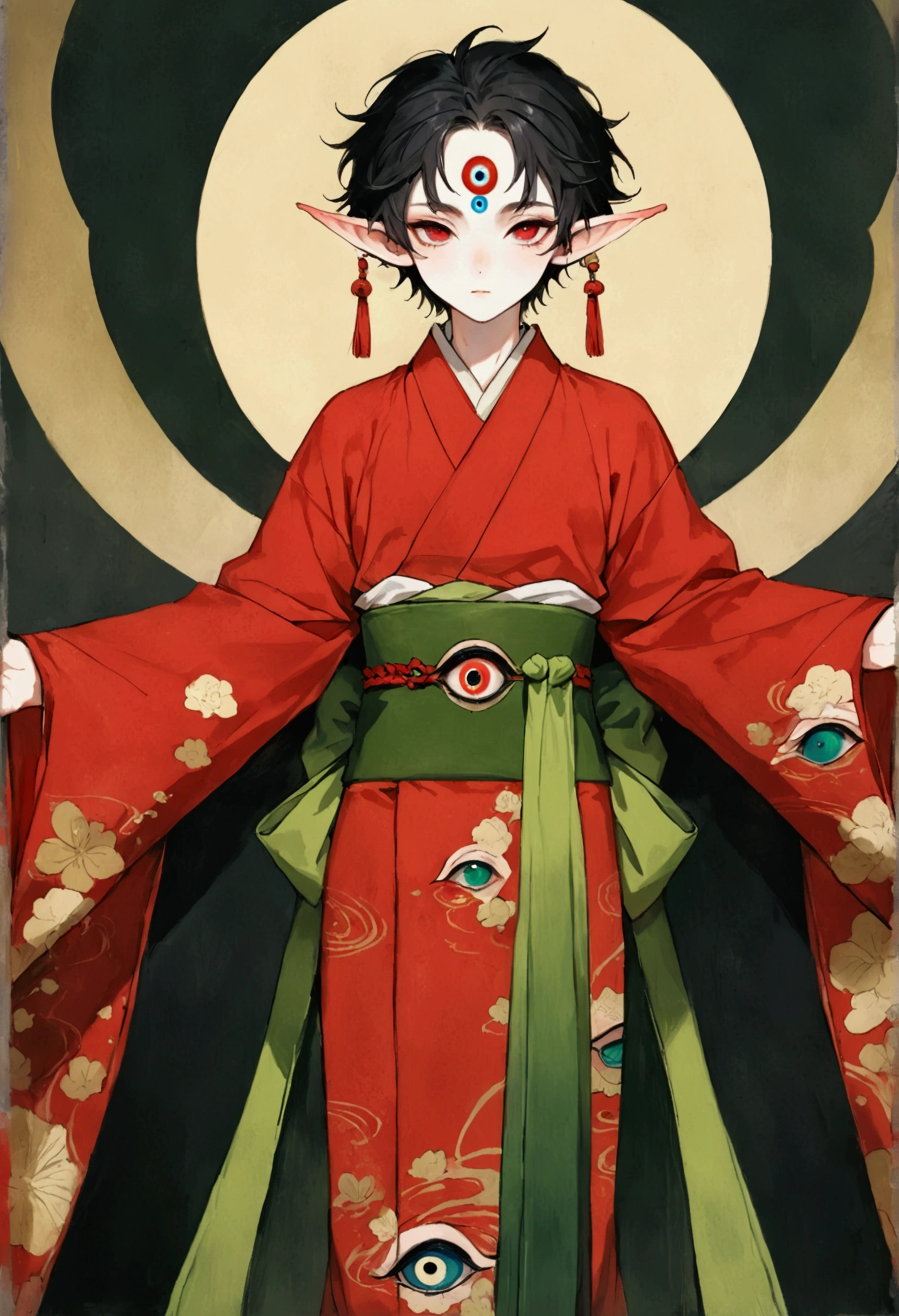 Art Illustration，Dark Style，(((1 Boy，独奏，third eye on the forehead，Elf ears))),(((Gorgeous Japanese red kimono：1.6，Eye Diagram，Dark Pattern))).(((Thin waist，Greenbelt：1.37)))whole body