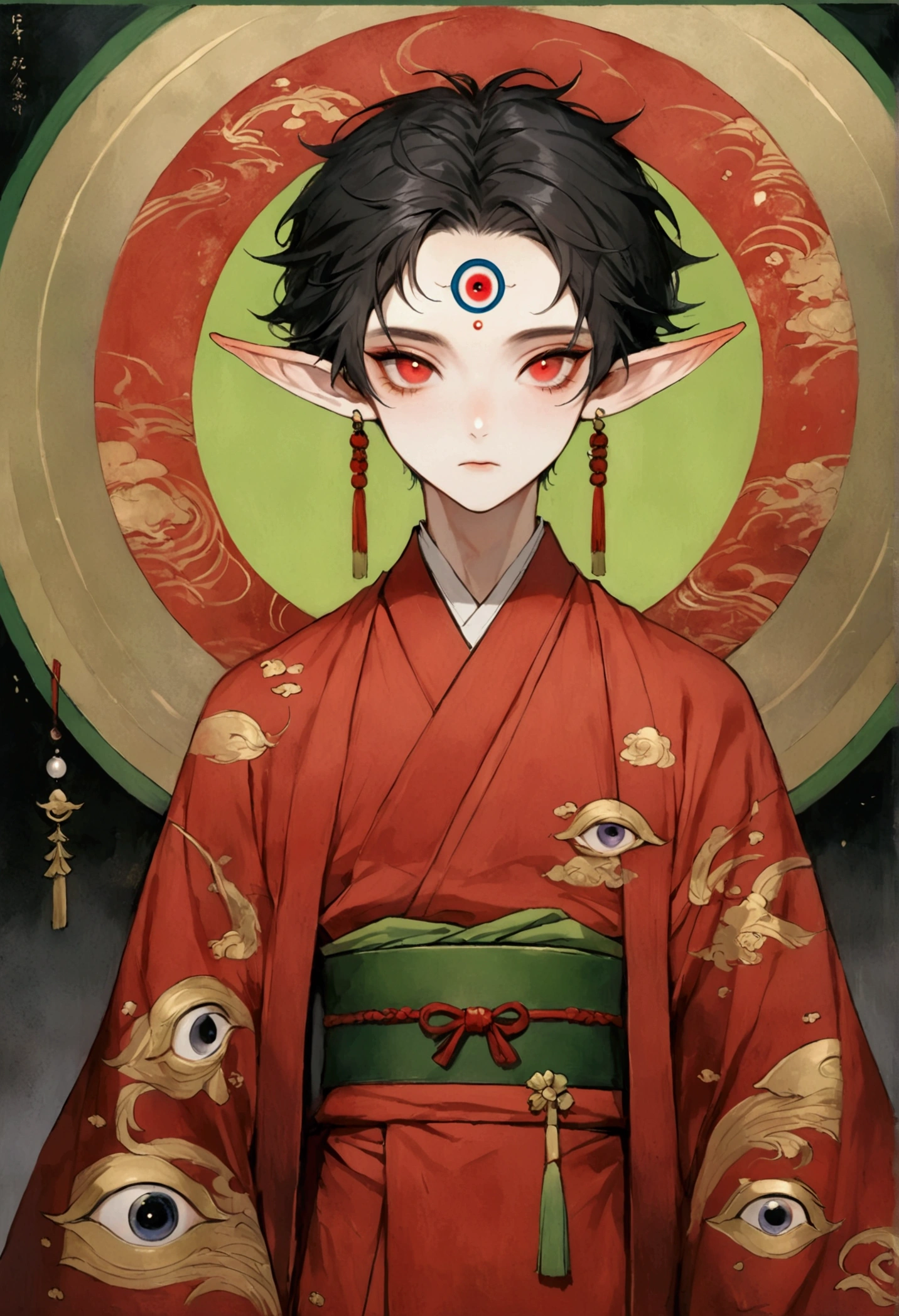 Art Illustration，Dark Style，(((1 Boy，独奏，third eye on the forehead，Elf ears))),(((Gorgeous Japanese red kimono：1.6，Eye Diagram，Dark Pattern))).(((Thin waist，Greenbelt：1.37)))whole body