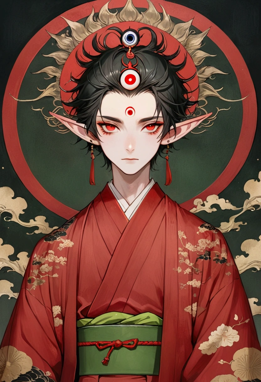 Art Illustration，Dark Style，(((1 Boy，独奏，third eye on the forehead，Elf ears))),(((Gorgeous Japanese red kimono：1.6，Eye Diagram，Dark Pattern))).(((Thin waist，Greenbelt：1.37)))whole body