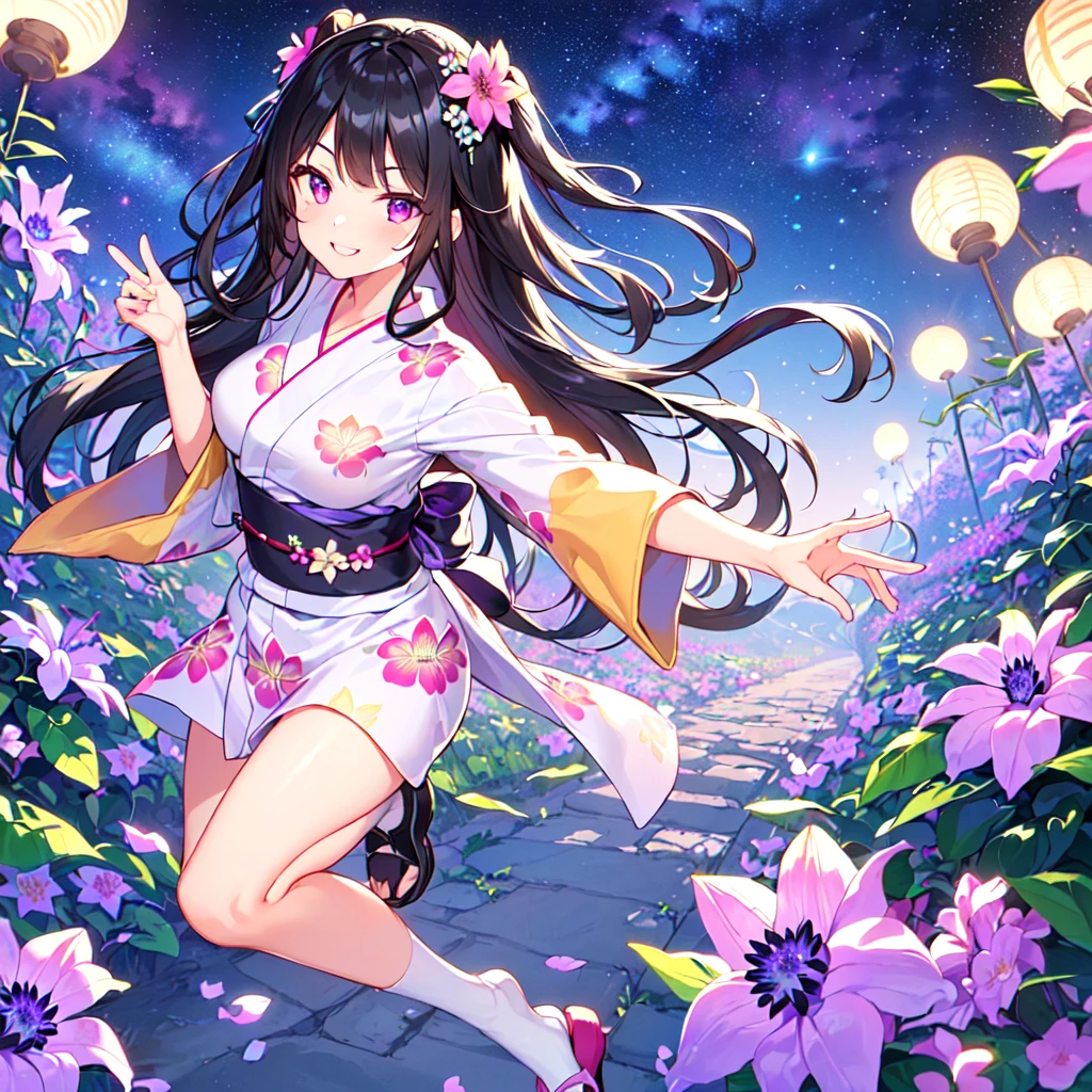masterpiece, best quality, high quality, extremely detailed, very delicate and beautiful, (1 female 18 years old solo:1.5), (long black hair up to waist with two side up:1.5), bangs to eyebrows, eyes Eyes sharp, strong glossy glossy eyes, eyebrows glossy, (eye color magenta:1.3), 6.5 head height, (yukata Passiflora caerulea flower print:1.3), knee socks, lace, frills, (smiling), (running:1.3), (smiling), (dynamic pose), (background Passiflora caerulea flower field:1.3) , (Milky Way Night Sky: 1.3)
