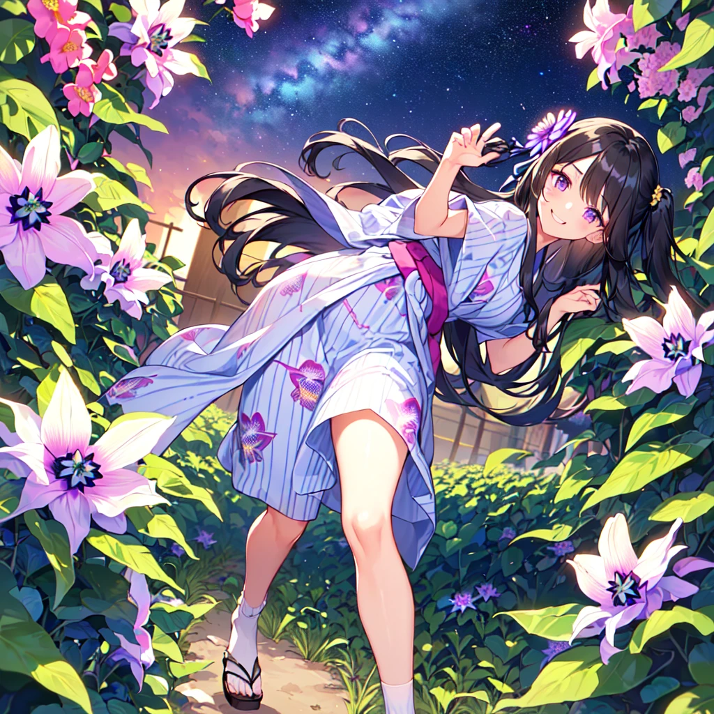 masterpiece, best quality, high quality, extremely detailed, very delicate and beautiful, (1 female 18 years old solo:1.5), (long black hair up to waist with two side up:1.5), bangs to eyebrows, eyes Eyes sharp, strong glossy glossy eyes, eyebrows glossy, (eye color magenta:1.3), 6.5 head height, (yukata Passiflora caerulea flower print:1.3), knee socks, lace, frills, (smiling), (running:1.3), (smiling), (dynamic pose), (background Passiflora caerulea flower field:1.3) , (Milky Way Night Sky: 1.3)